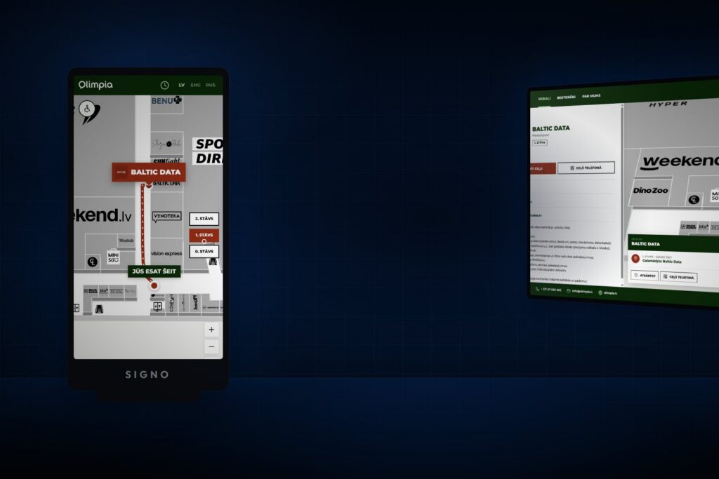Navigācijas kiosks un ekrāns ar SIGNO saturu
